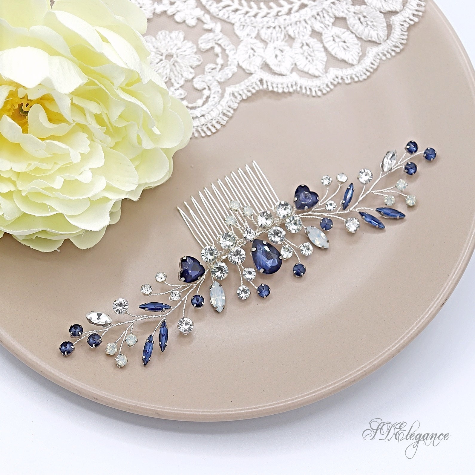 Navy Blue Crystal Hair Comb, Dark Sapphire Bridal Hair Comb, Dark Blue ...