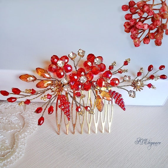Braut-Haarkamm Mit Roten Kristallen – Perlen & Rubin-Schmuck Für Hochzeit, Ball, Party