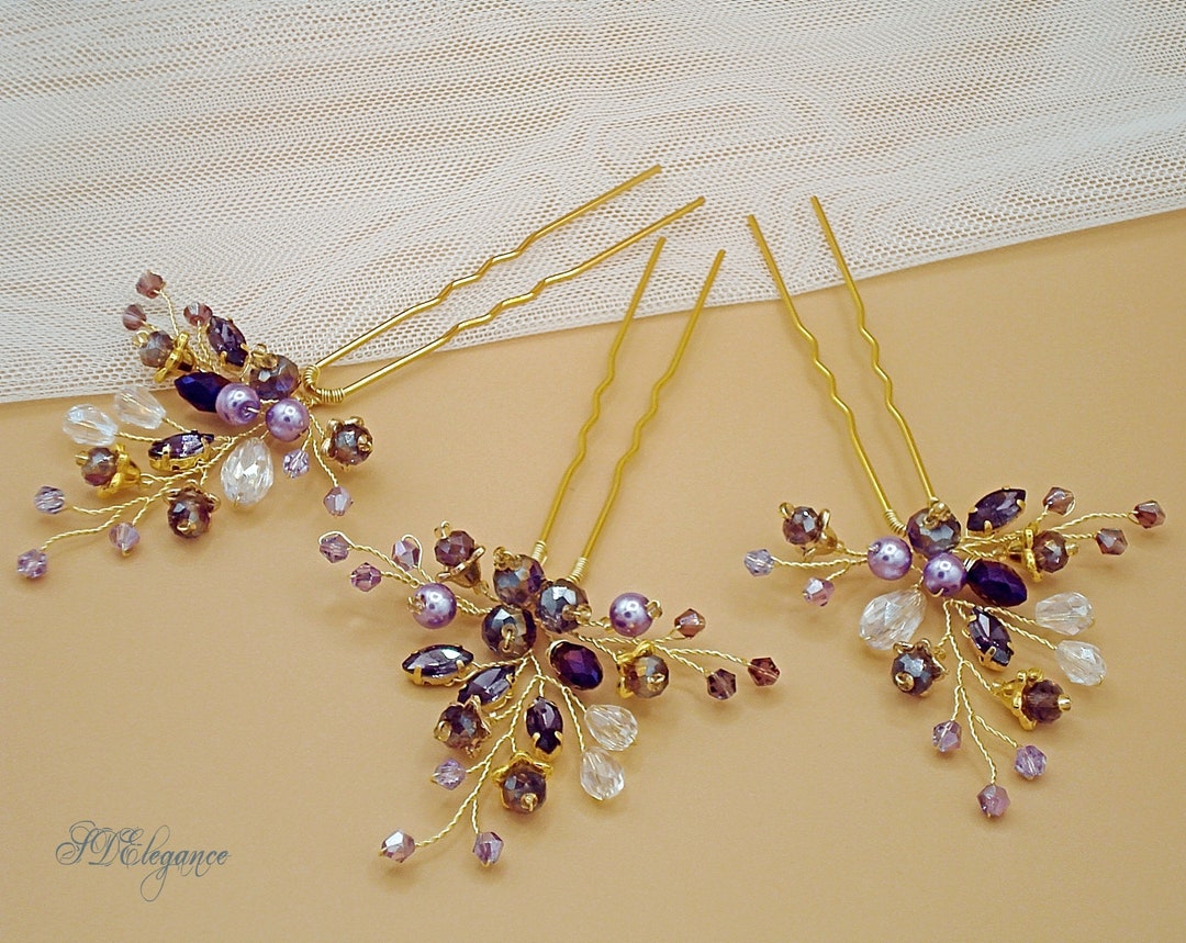 Purple Hair Pins, Bridal Lavender Hair Pin Set, Lilac Hair Pins
