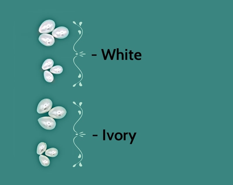 May include: Two groups of white and ivory pearl beads. The top group is labeled "White" and the bottom group is labeled "Ivory".