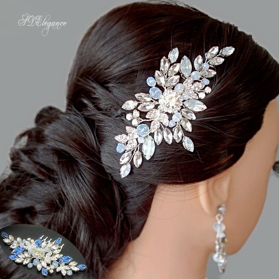 Opal stones and crystal headpiece. White Opal and Clear Crystal Couture Wedding Headpiece main image 4
