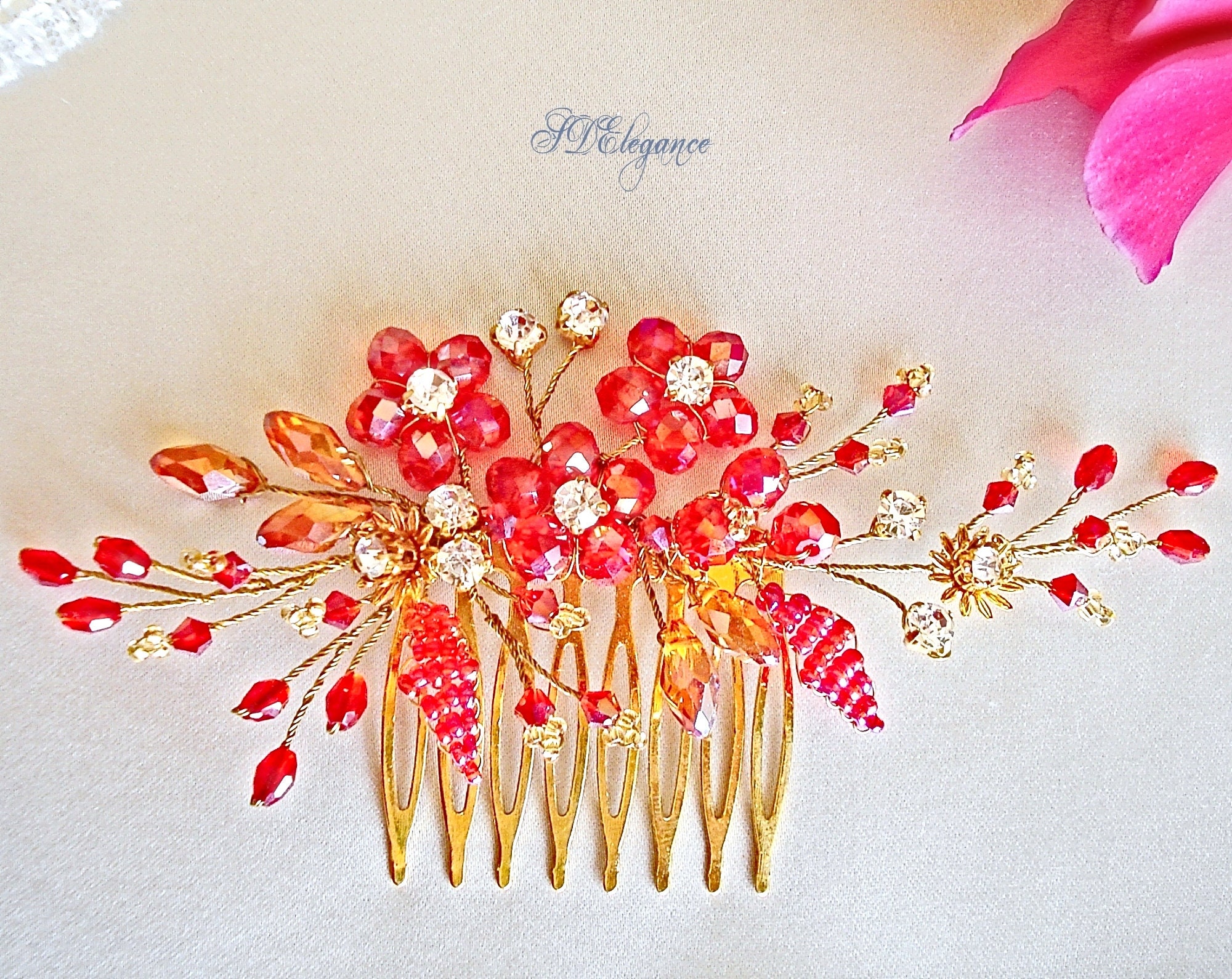 Braut-Haarkamm Mit Roten Kristallen – Perlen & Rubin-Schmuck Für Hochzeit, Ball, Party