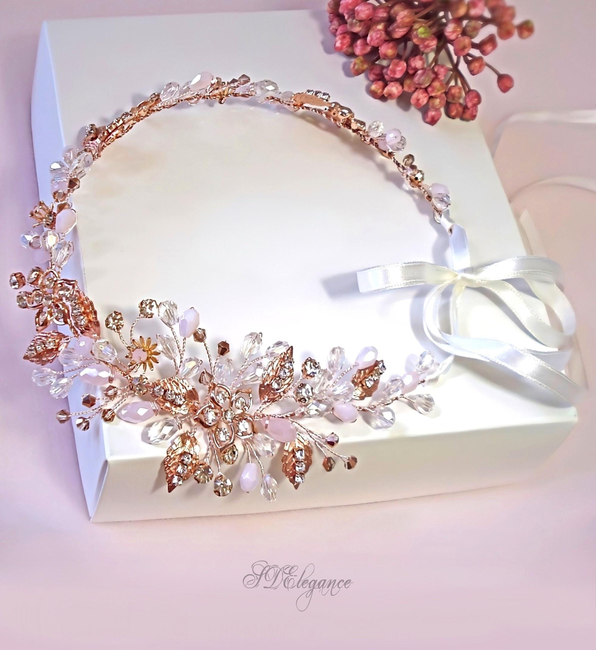 Rose Gold Floral Crystal Tiara Headband - Women Accessories Handmade Quartz Crystal Headband - Pink Flower Mermaid Tiara  main image 2