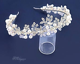 Pearl Crystal Wedding Tiara, Silver Bridal Headband, Swarovski Crown