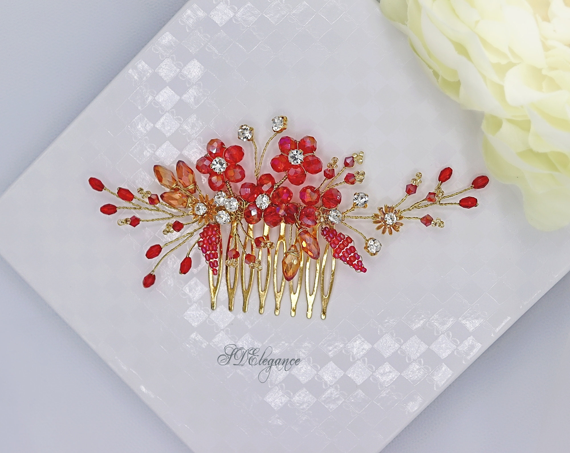Braut-Haarkamm Mit Roten Kristallen – Perlen & Rubin-Schmuck Für Hochzeit, Ball, Party