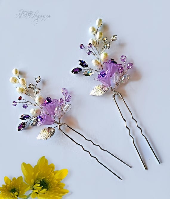 Elegant Floral Pearl and Purple Hair Accessory Amazon.com : PRETTYLIFE Purple Flower Hair Clips Bridal  main image 4