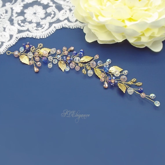 Blue Crystal Bridal Hair Vine, Gold Leaf Wedding Headpiece  display picture 1