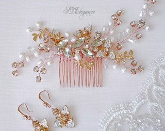 Rose Gold Hair Comb, Wedding Hair Comb, Flower Hair Comb, Freshwater Pearl Hair Comb, Rose Gold Hair Piece, Pearl Crystal Wedding Hair Piece