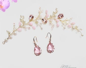 Pink Crystal Bridal Jewelry Set, Boho Pearl Hair Vine and Earrings