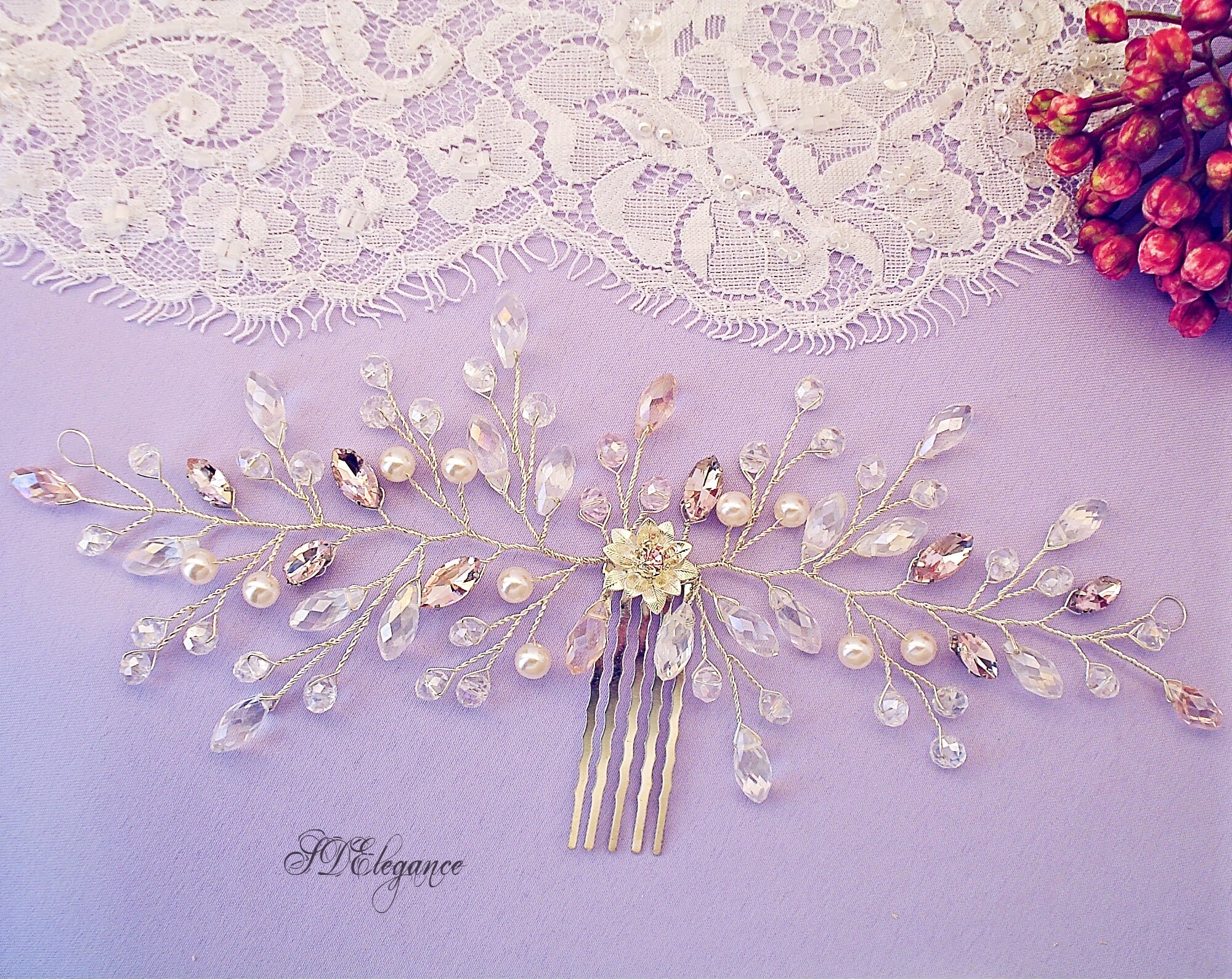Crystal Hair Comb Pink Bridal Hair Comb Art Deco Hair Comb Etsy