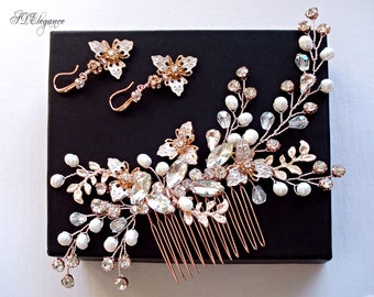 Rose Gold Bridal Hair Comb CZ Floral Earrings Crystal Pearl  display picture 3