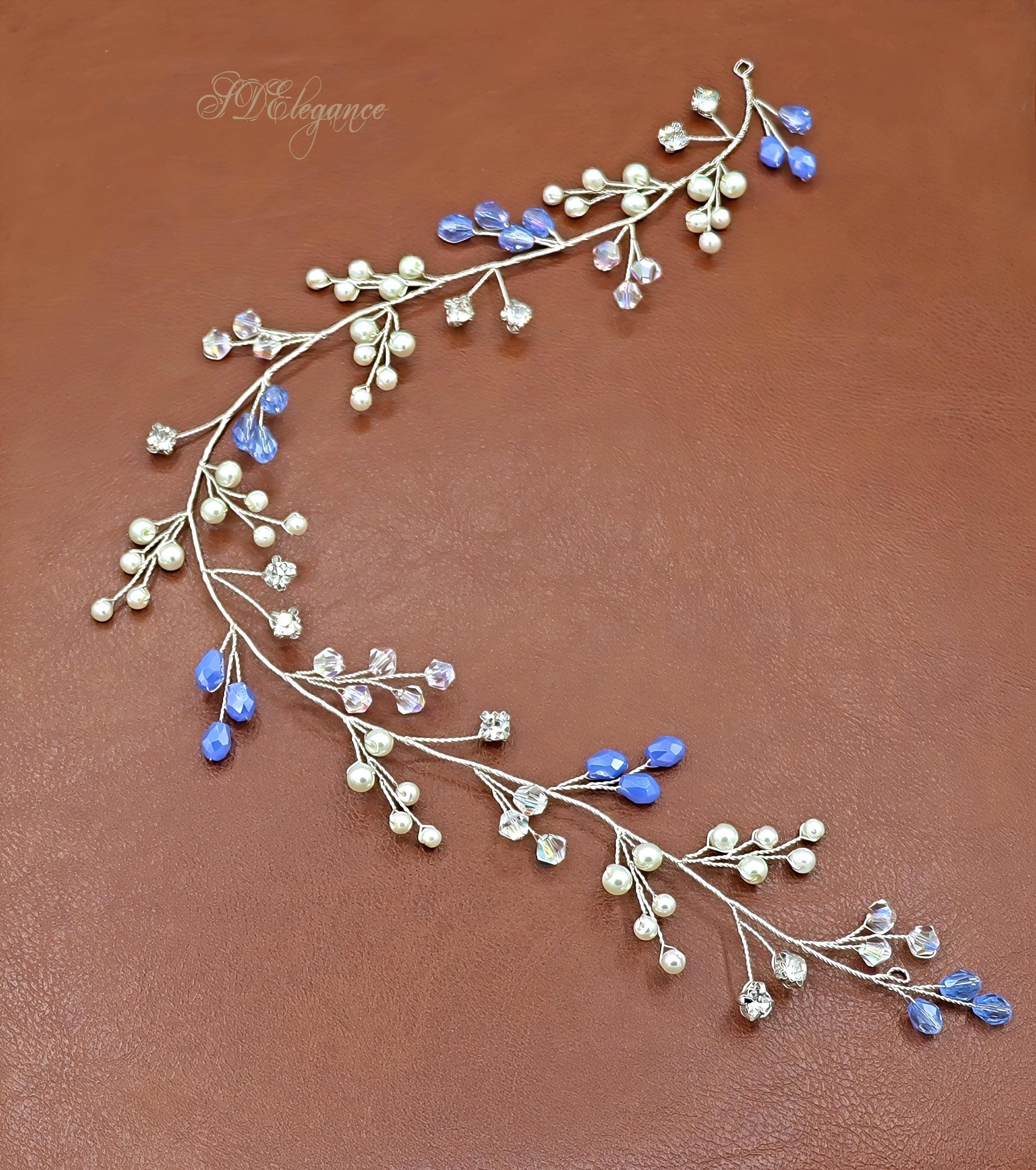 Blue Pearl Crystal Bridal Hair Vine, Silver or Gold Wedding Headpiece
