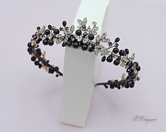Gothic Wedding Crown, Black Wedding Headband, Wedding Hairpiece, Pearl Crystal Headband, Goth Crystal Tiara, Halloween Crown, Tiara Crown
