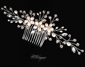 Peigne en perles d'eau douce, Peigne pour cheveux de mariage, Peigne en perles de cristal, Peigne à fleurs, Peigne en argent, Accessoires cheveux de mariage