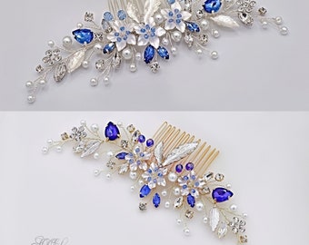 Peine de pelo de novia azul real, peine de pelo de boda azul marino, tocado de novia de zafiro dorado, accesorios para el cabello algo azul, joyería de pelo de oro