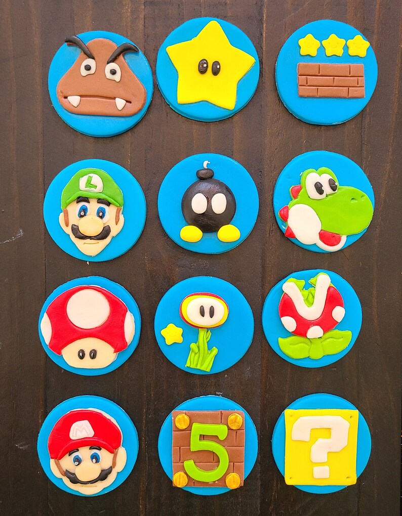 Fondant Edible Super Mario Cupcake Toppers Etsy