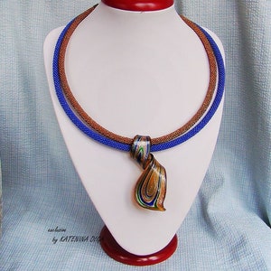 beaded necklace, crocheted beaded harness necklace, beaded harness necklace with glass pendant, Murano glass