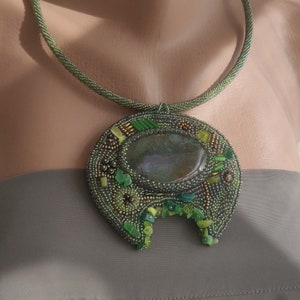 Moss agate necklace, natural stone necklace, holiday necklace, japan beads necklace, amulet, lunula amulet
