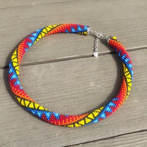 beaded neck ornament, knitted beaded neck harness, ethnic beaded harness, Ukrainian necklace