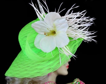 EUC Vintage Lime Green Wide Brim Hat Handmade Millinery hat M23157S ( Lime Green/Pink/Ivory ) Kentucky Derby hat, Church  main image 3