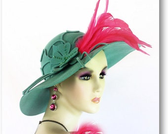 Couture Jade Green Hot Pink Wide Brim Designer Winter Fashion Hat, Statement Wedding Church Dress Formal Hat, Beaded Feather Millinery Hats