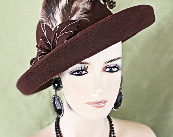 Couture Designer Hats, Brown Tiger Feathered Wool Vintage Style Hat, Old Hollywood Glamour Luxury Statement Hat, NY Fashion Hats Millinery