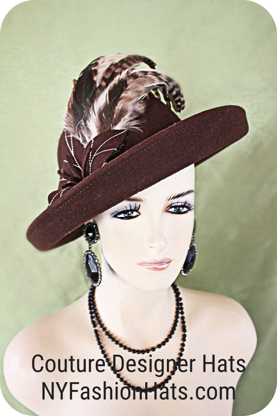 Couture Designer Hats, Brown Tiger Feathered Wool Vintage  display picture 2