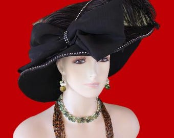 Couture fashion hat... Mink & Swarovski crystals. Black Velvet Couture Hat: Swarovski Crystal Formal Millinery  main image 4