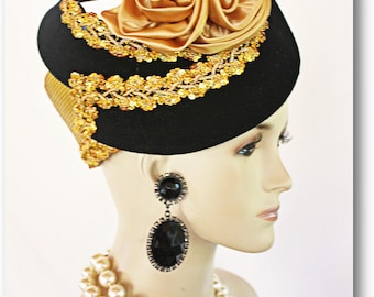 Haute Couture Motf Premium Antique Gold Straw Black Wool Sculptured Pillbox Hat, Art Deco Fashions, Statement Hats NY Fashion Hats Millinery