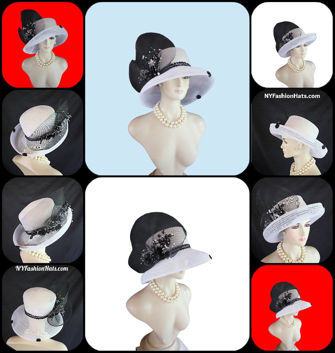 Avant Garde Luxury Large Brim Wedding Hat, Black White  display picture 3