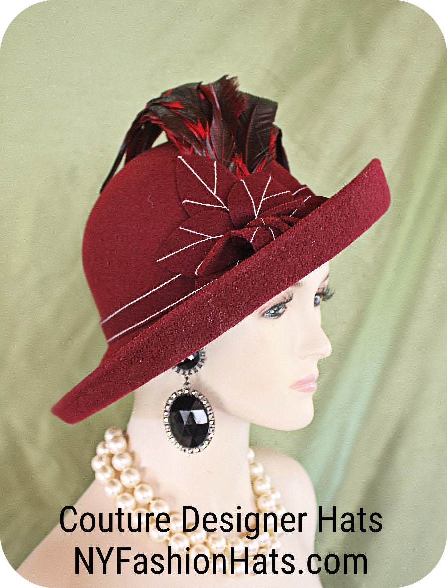 Haute Couture Designer Winter Hat, Burgundy Wool Big Brim  display picture 2