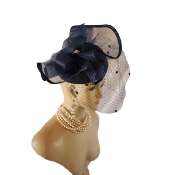 Navy Blue Satin Birdcage Veil Pillbox Hat, Bridal Wedding Cocktail