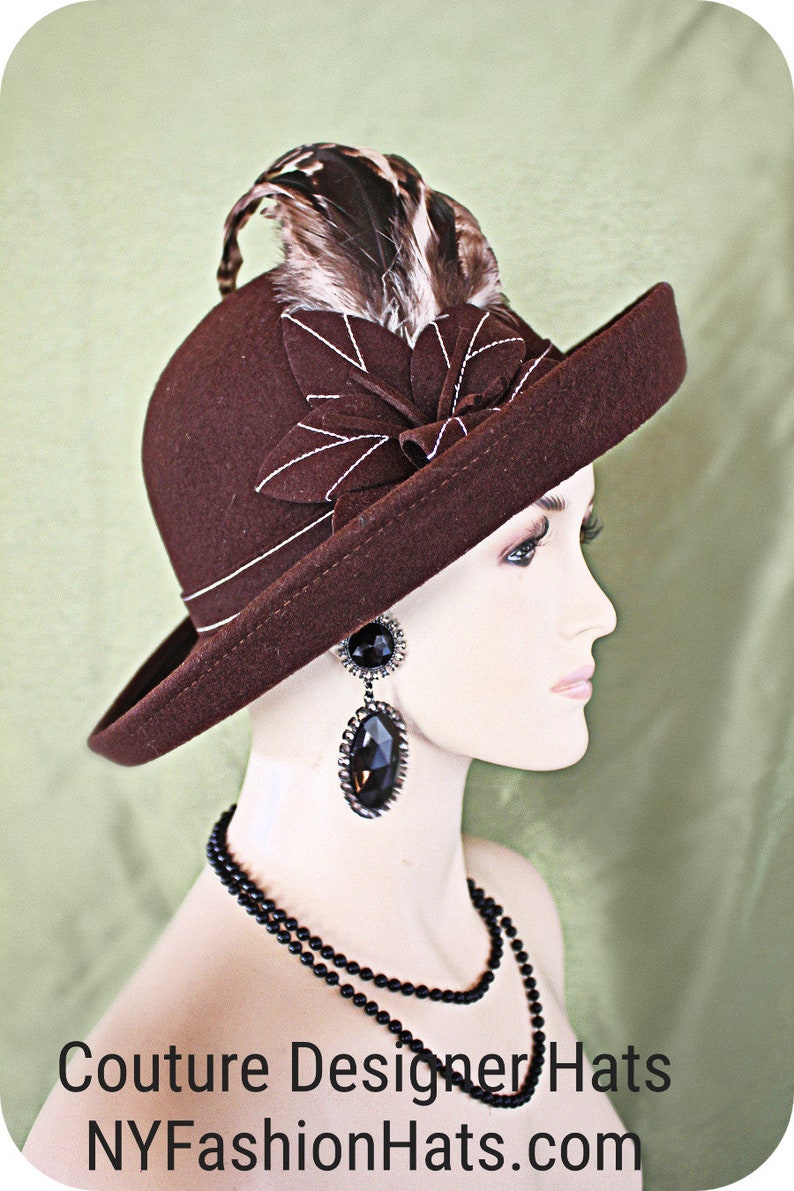 Couture Designer Hats, Brown Tiger Feathered Wool Vintage Style Hat, Old Hollywood Glamour Luxury Statement Hat, NY Fashion Hats Millinery image 2