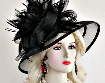 Women's Black Formal Big Brim Dress Hat, Wedding Church Occasion Hat, NY Fashion Hats Millinery Haute Couture, Designer Hats For Horse Races