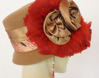 Couture Designer Hüte Camel Beige Gebrannte Orange Wolle Vintage Style Hut, Old Hollywood Glamour Statement Luxushut, NY Fashion Hüte Hutmacherei