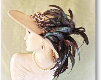 Haute Couture Motf Premium Beige Braun Exotischer Federhut, Designer Leopard Luxus Mode Hut, Statement Wintermütze für Frauen Hut