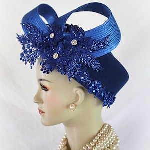 Pillbox Wedding Hat For Women, Royal Blue Couture Designer Hats, Women&#39;s Winter Wool Luxury Hat, Motf NY Fashion Hats Millinery, Alessa
