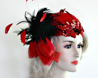 Haute Couture Red Black Cocktail Pillbox Hat, Wedding Bridal Fascinator, Hats For Horse Races, Mother Of The Bride, NYFashionHats Apparel P3