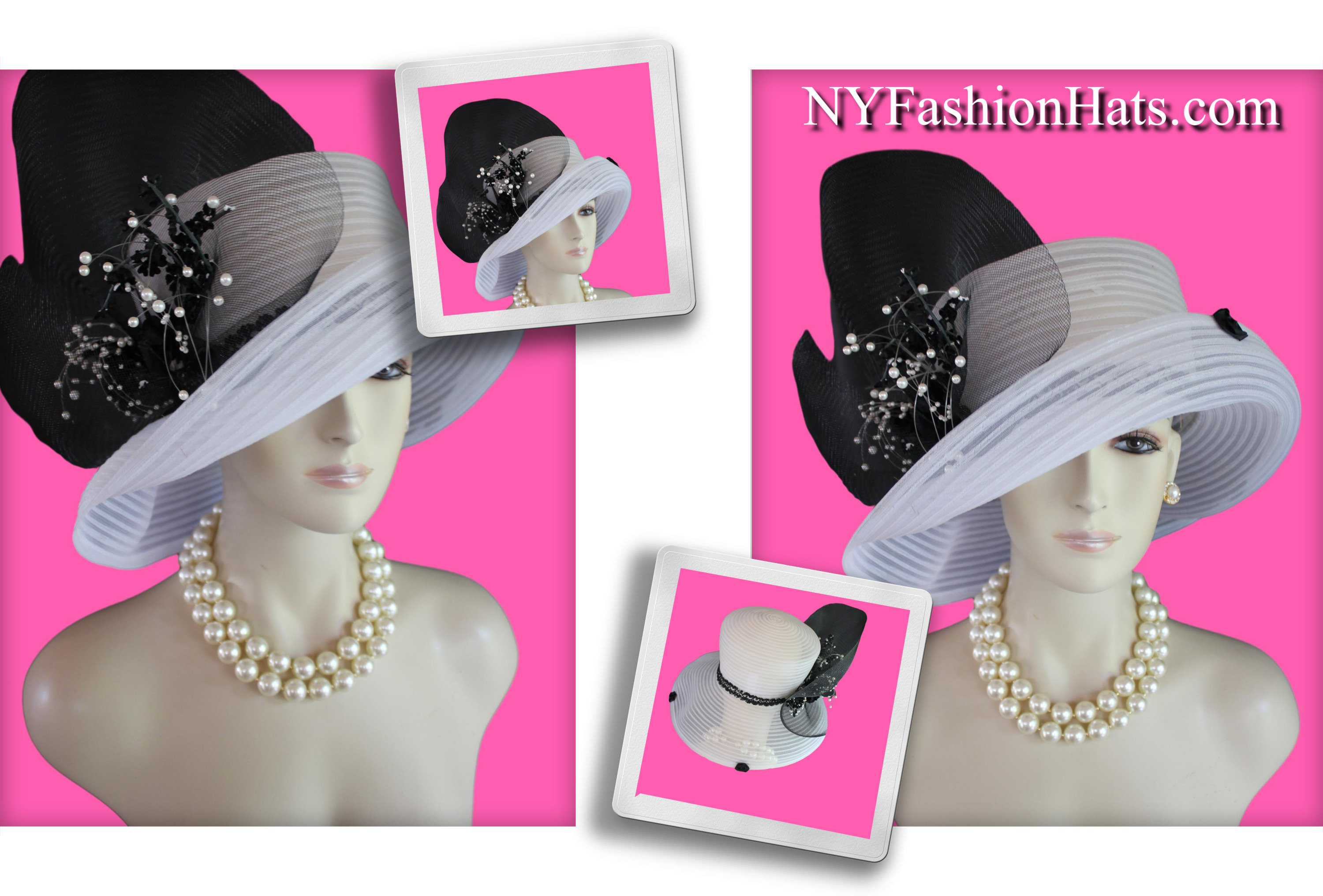 Avant Garde Luxury Large Brim Wedding Hat, Black White 
