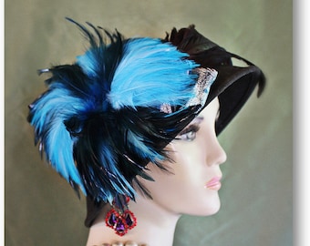 Women's Brown Winter Wool Formal Dress Hat, Royal Turquoise Blue Feathers, Snake Animal Print Bow, Couture Designer Hats, NYFashionHats