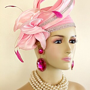 Women&#39;s Couture Designer Pink Rhinestone Pillbox Hat, Wedding Mother Of The Bride Hat, Sabbath Church Holiday Satin Hats, NYFashionHats P1P2