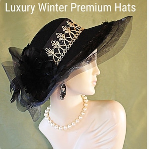 Black Gold Sheer Edge Wide Brim Winter Wool Luxury Hat, Statement Couture Handmade Evening Hat, Designer Hats For Wedding Church Formals