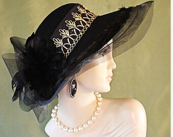 B Michael New York Black and Gold Wide Brim Luxury Hat Special Event Weddings Black Handmade Scallop Brim Designer Hat, Hat for Formals  main image 2