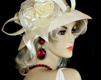 Elegant Ivory Satin Statement Church Hat w/ Crystal Bow Detail Women main image 2