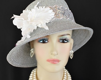 Women's Designer Metallic Silver White Formal Wedding Bridal Hat, Kentucky Derby Hats, Fashion Dress Hats, Holiday Temple Or Church Hat