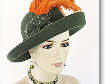 Couture Designer Hats, Olive Green Orange Wool Vintage Style Hat, Old Hollywood Glamour Statement Formal Hat, NY Fashion Hats Millinery