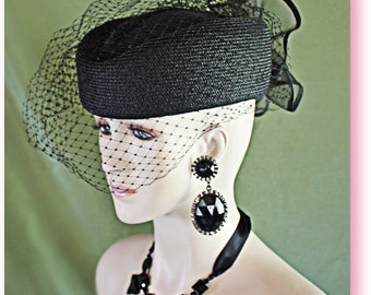 Black Pillbox Formal Fashion Hat With A Veil, Couture Designer Hats, Mother Of The Bride, Bridal Weddings Church Races, NYFashionHats Parker