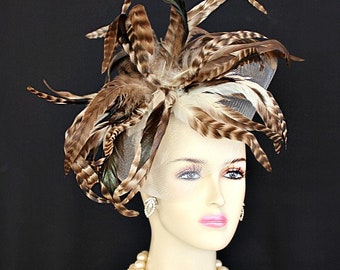 Women's Ivory White Felt Winter Fascinator Hat Brown Tiger Feathers, Cocktail Hat, Dramatic Headpiece, Wedding Bridal Headdress, Dress Hat