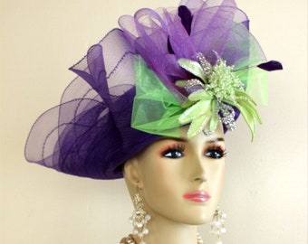 Sombrero verde lima púrpura vanguardista, sombrero de diseñador de alta costura, sombreros de moda de Nueva York Millinery exquisito, sombrero de iglesia nupcial de boda formal, Y7821