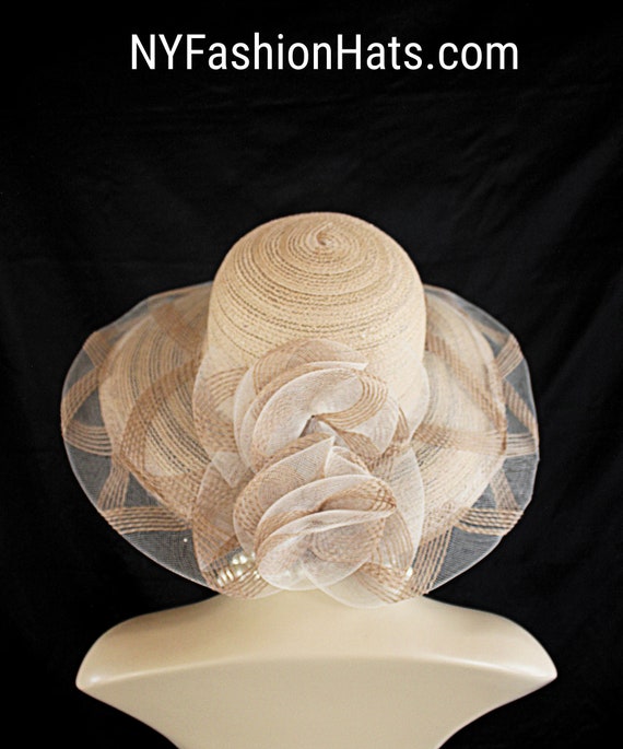 Brim and Dash Tan and Brown Couture Milinery Hat Camel Taupe Beige Brown Wide Big Brim Hat  main image 3